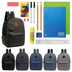 12 Wholesale 17" Backpacks in Assorted Colors with a Diamond Patch & 12 Bulk School Supply Kits of Your Choice