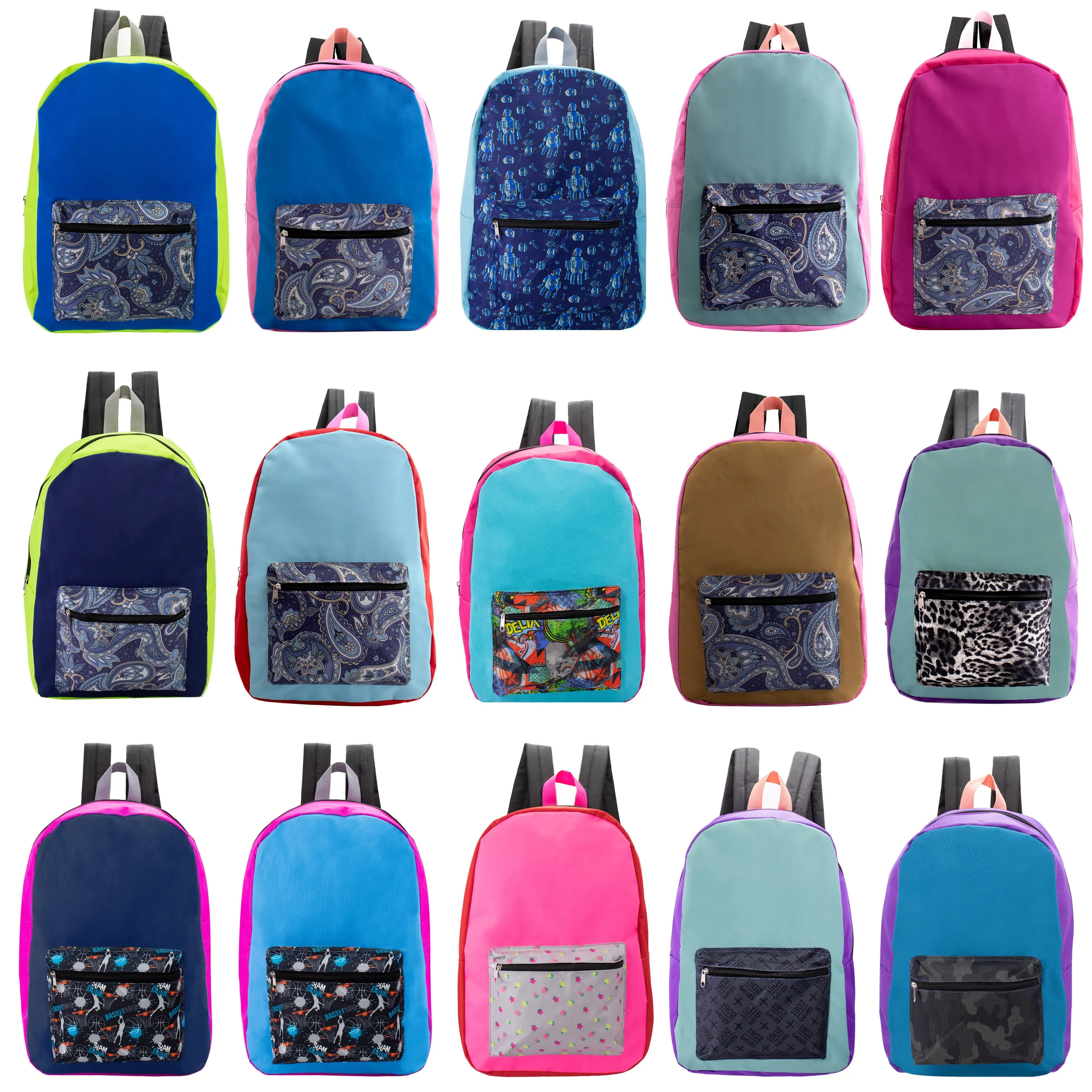 12 Wholesale 17" Backpacks in Random Assorted Prints and 12 Bulk School Supply Kits of Your Choice