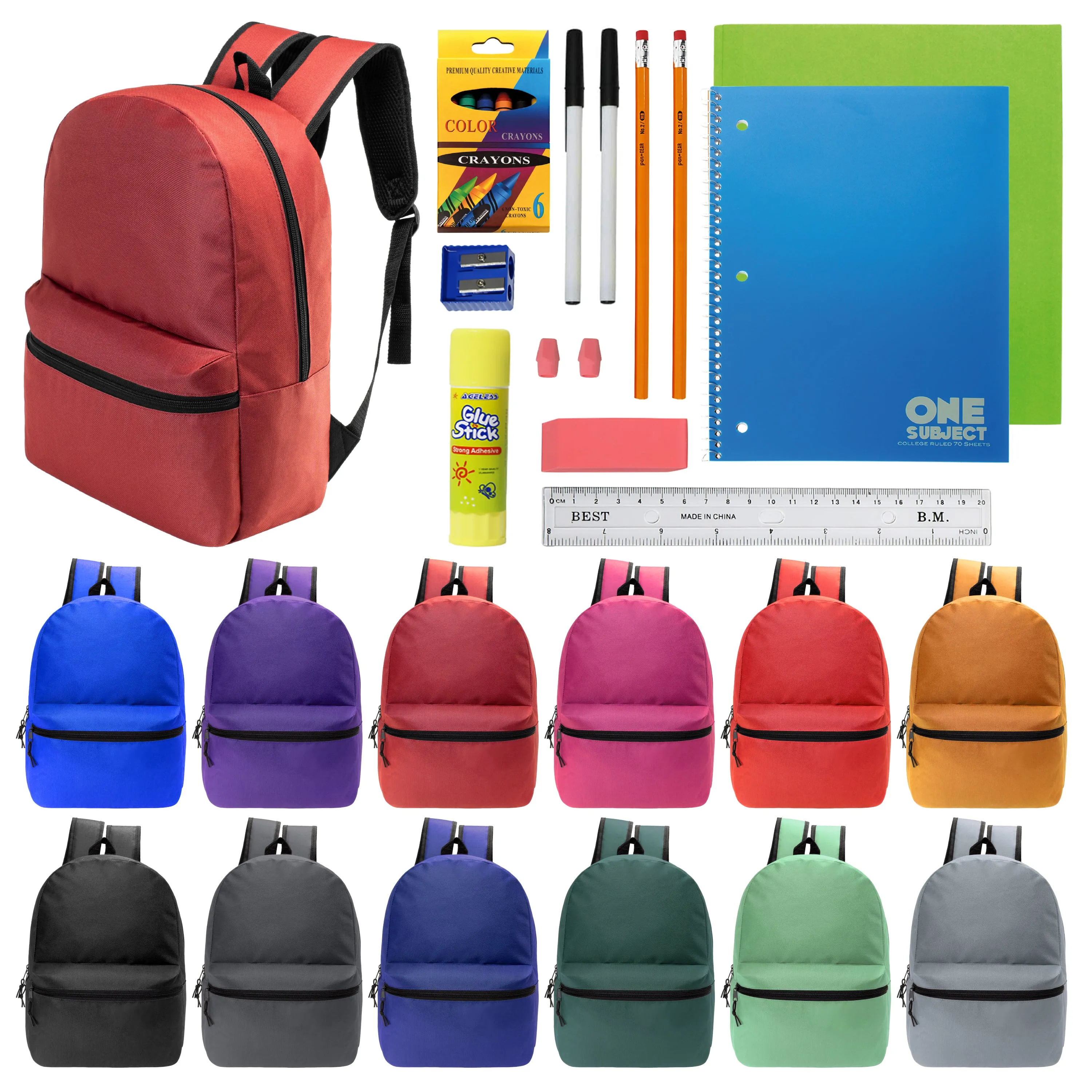 12 Wholesale 17" Basic Backpacks in 12 Assorted Colors & 12 Bulk School Supply Kits of Your Choice