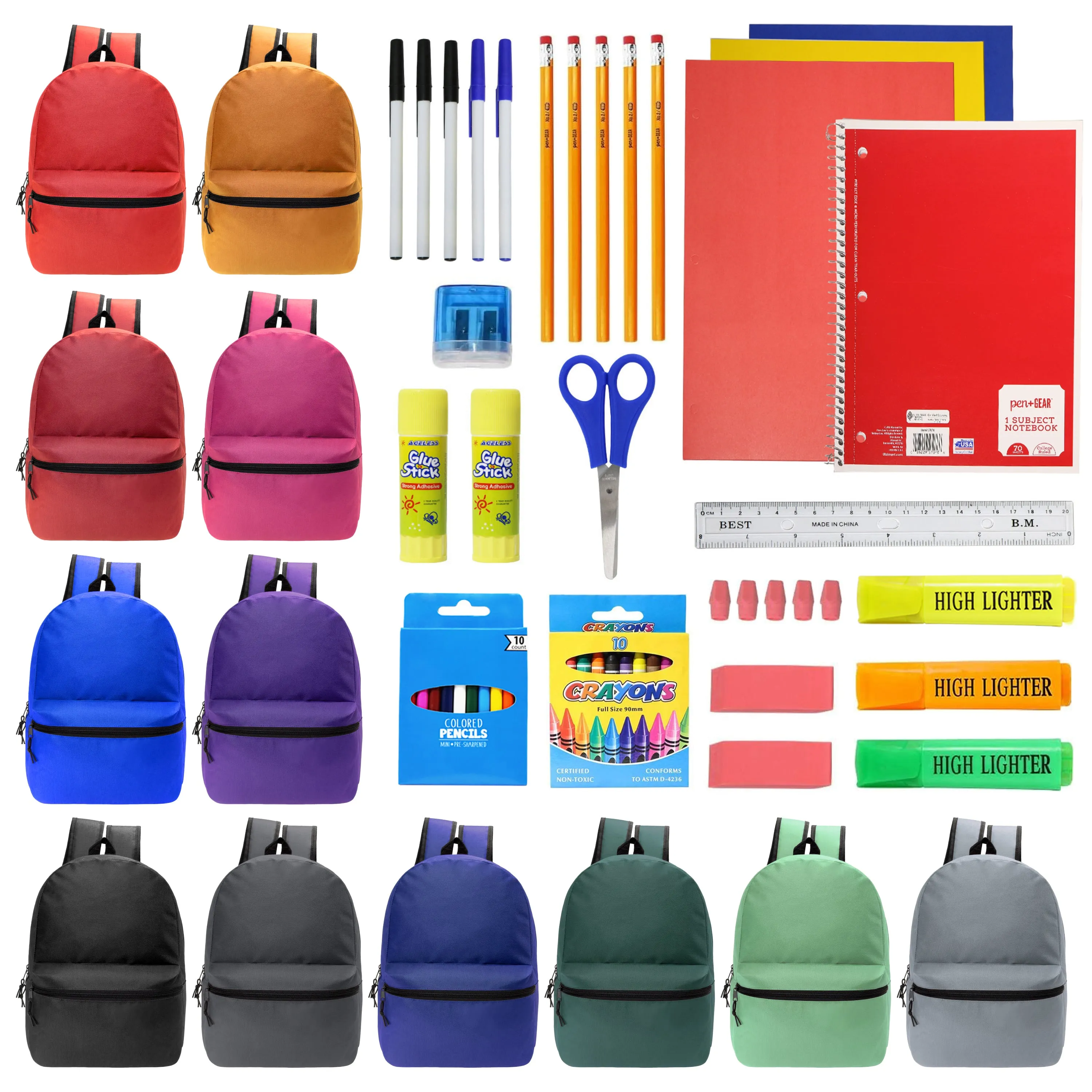 12 Wholesale 17" Basic Backpacks in 12 Assorted Colors & 12 Bulk School Supply Kits of Your Choice