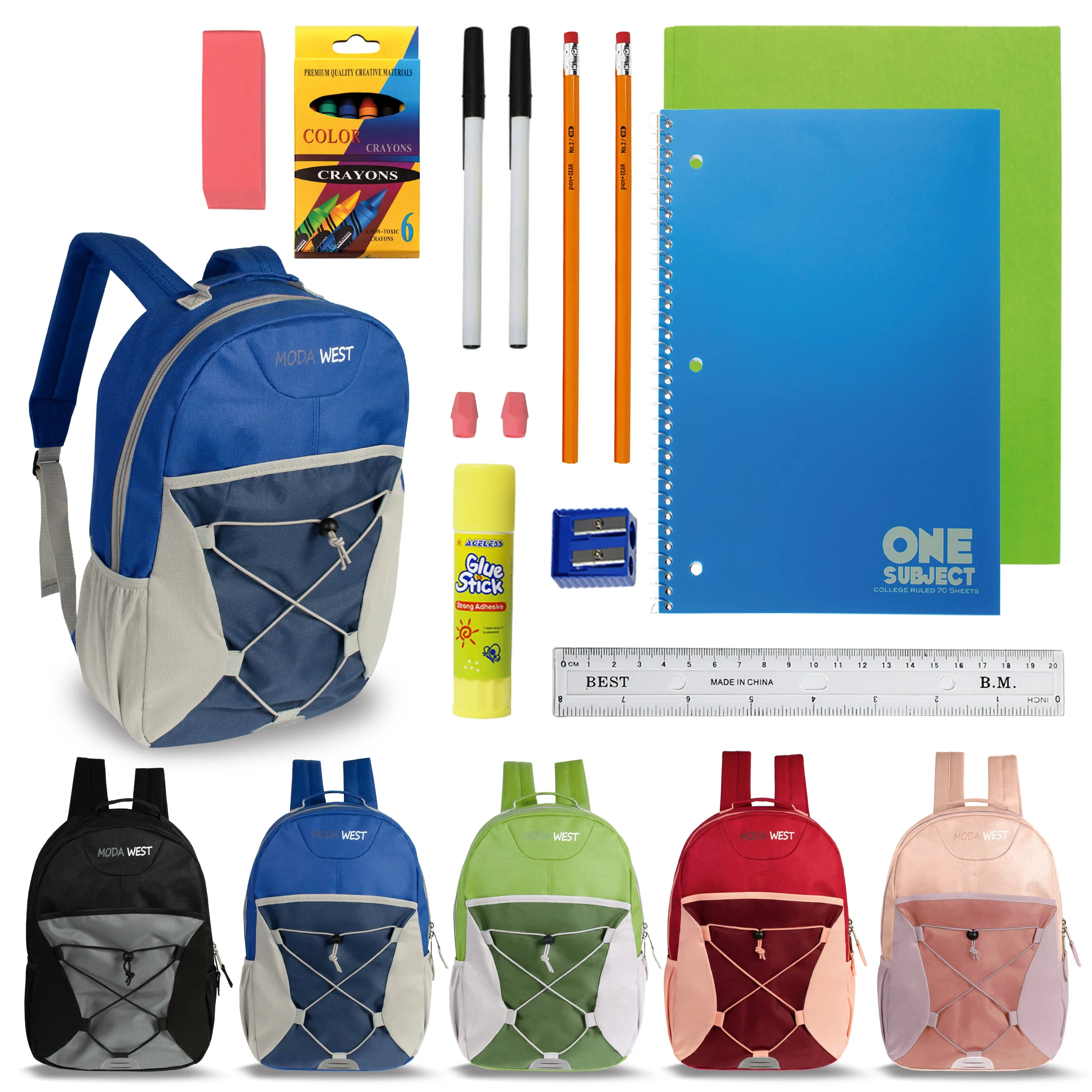 12 Wholesale 17" Bungee Backpacks in Assorted Colors & 12 Bulk School Supply Kits of Your Choice