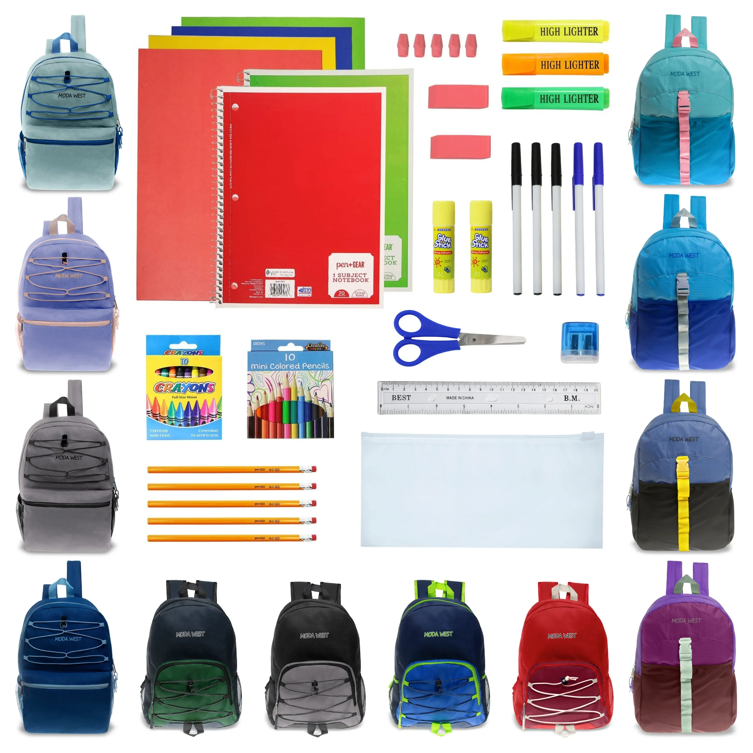 12 Wholesale 17" Bungee Backpacks in Assorted Prints & Colors and 12 School Supply Kits of Your Choice