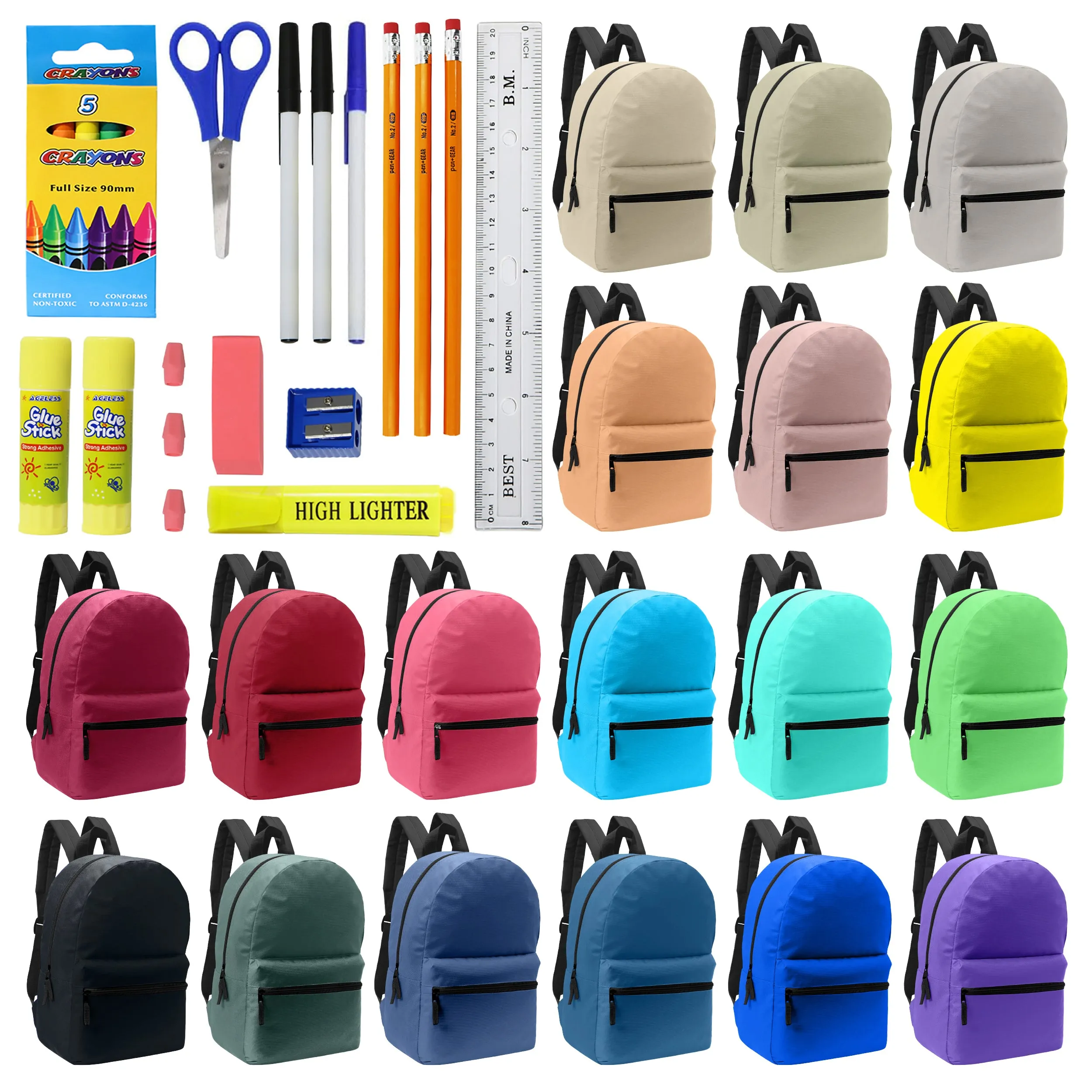 12 Wholesale Random Color 17" Backpacks and 12 Bulk School Supply Kits of Your Choice