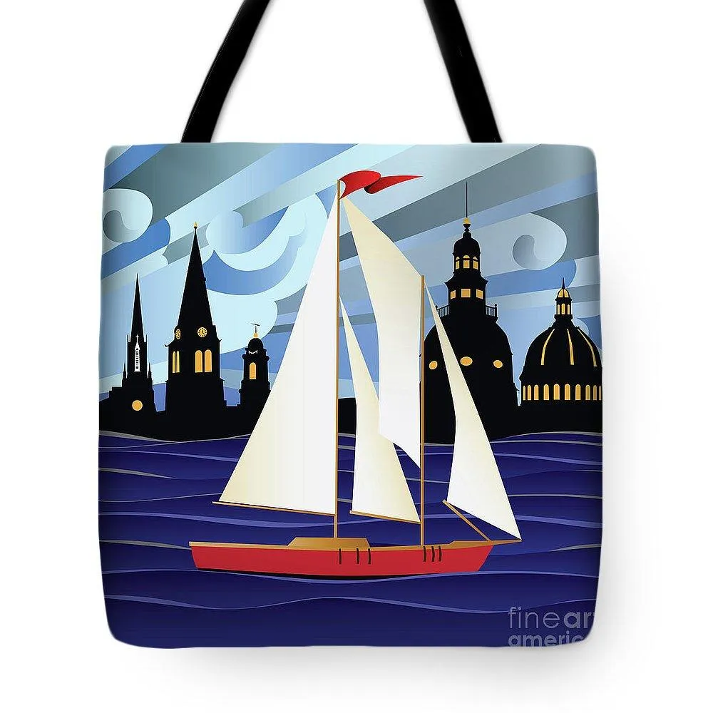 Annapolis Skyline Red Sail Boat - Tote Bag