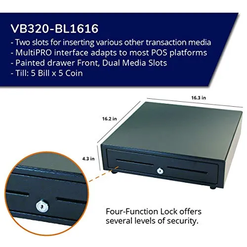 APG Standard- Duty 16” Electronic Point of Sale Cash Drawer | Vasario Series VB320-BL1616 | Printer Compatible | Plastic Till with 5 Bill/ 5 Coin Compartments | Black