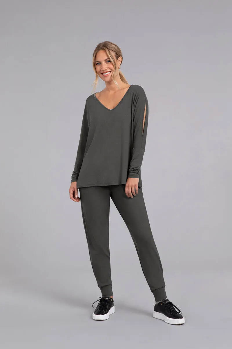 Bamboo Cotton V-Neck Slit Sleeve Top | Raven