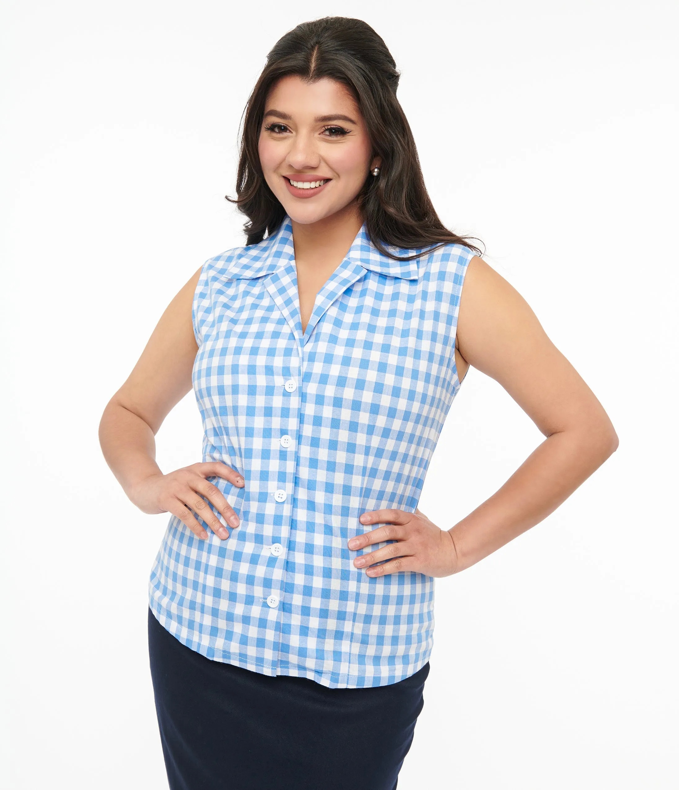 Barbie x Unique Vintage 1950s Blue & White Gingham Commuter Set Collar Blouse