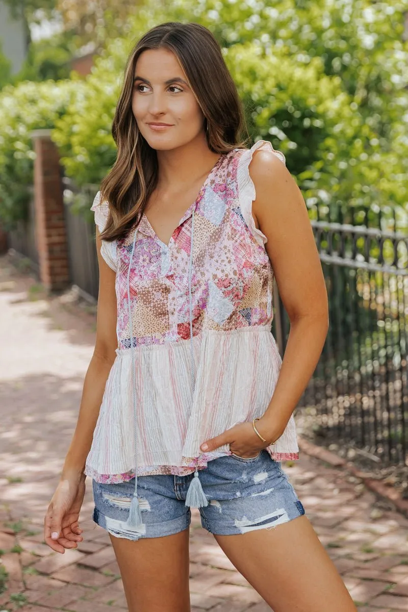 Blush Print Flutter Sleeve Peplum Top - FINAL SALE