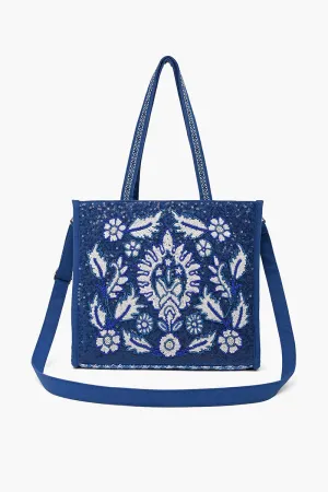 Boho Beaded Market Tote with Crossbody-Blue Floral