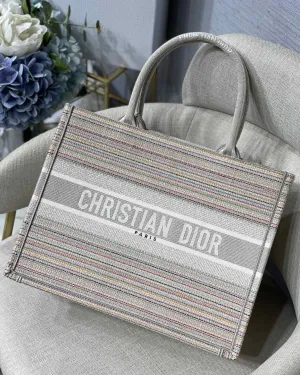 DI Medium Book Tote Bag Canvas Stripes Embroidery For Women 36cm/16.5in CD