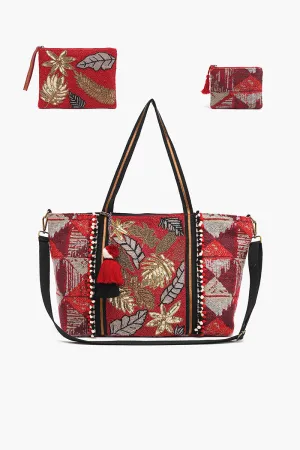 Embellished Tote with Pouch & Coin Red Floral