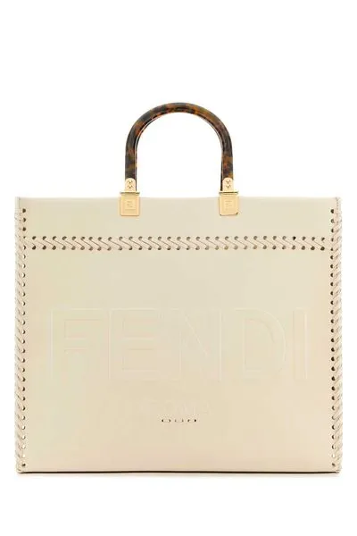 FENDI SUNSHINE MEDIUM TOTE BAG, RAFFIA & TAN LEATHER.