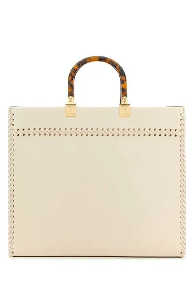 FENDI SUNSHINE MEDIUM TOTE BAG, RAFFIA & TAN LEATHER.