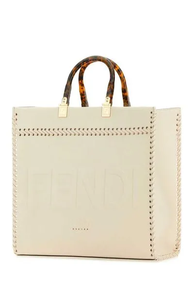 FENDI SUNSHINE MEDIUM TOTE BAG, RAFFIA & TAN LEATHER.