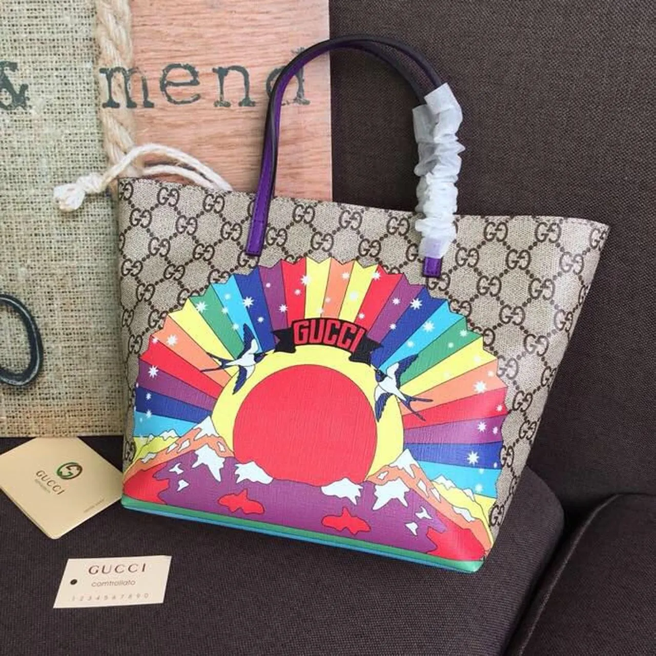 gg Children&#8217;s gg Supreme Rainbow Birds Tote Bag gg Supreme Canvas Brown/Multicolor For Children&#8217;s 8in/20cm gg  410812