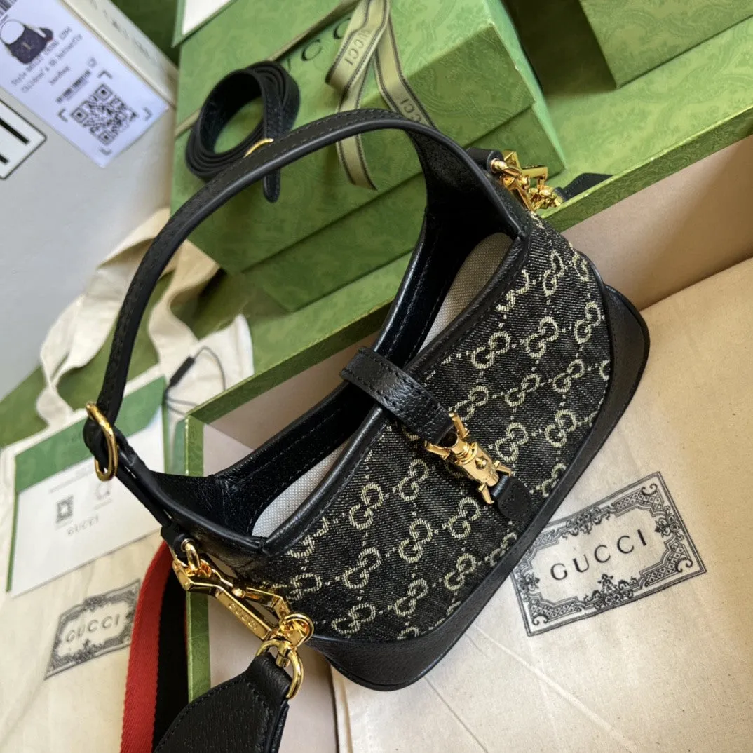 gg Jackie 1961 Mini Shoulder Bag Black And Ivory gg Denim Jacquard For Women 7.5in/19cm gg 685127 UN3AG 1294