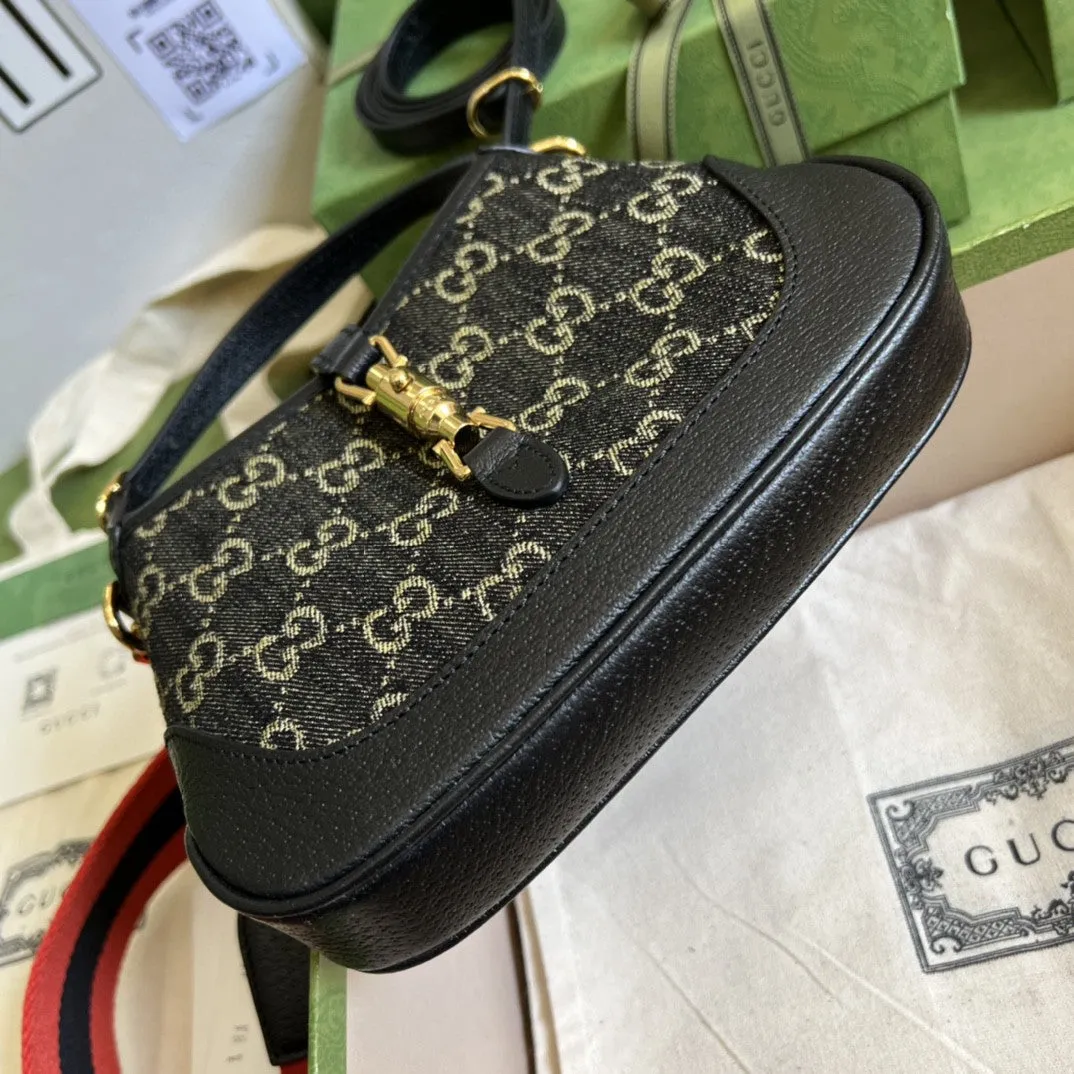 gg Jackie 1961 Mini Shoulder Bag Black And Ivory gg Denim Jacquard For Women 7.5in/19cm gg 685127 UN3AG 1294