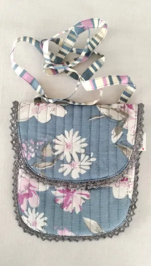 Grey Floral & Stripe Kids' Small Tote Bag with Magnetic Closure and Lace Detailing