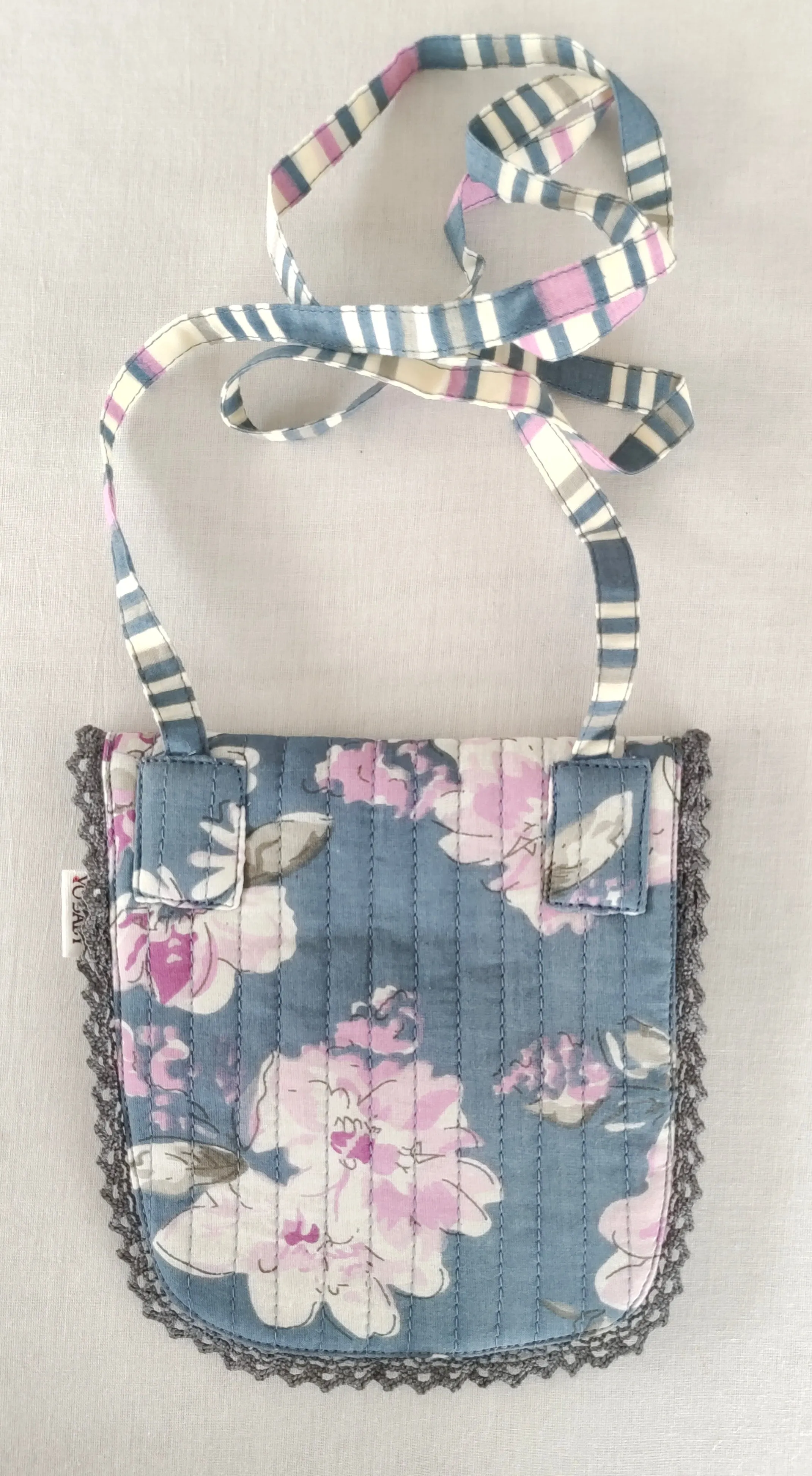 Grey Floral & Stripe Kids' Small Tote Bag with Magnetic Closure and Lace Detailing