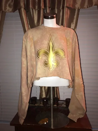 Handmade New Orleans Saints Oversized Old Gold Fleur Light Distress Crew Neck Crop Sweatshirt ONE SIZE