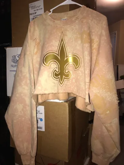 Handmade New Orleans Saints Oversized Old Gold Fleur Light Distress Crew Neck Crop Sweatshirt ONE SIZE