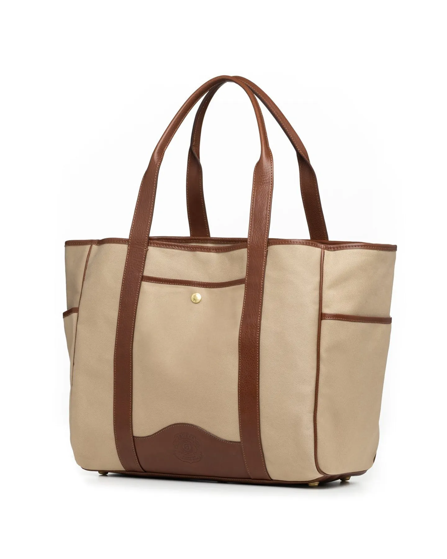 KHAKI TWILL VINTAGE CHESTNUT LEATHER MARKET TOTE