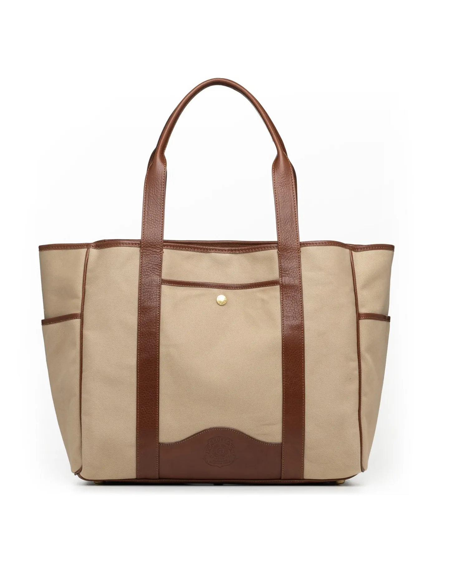 KHAKI TWILL VINTAGE CHESTNUT LEATHER MARKET TOTE