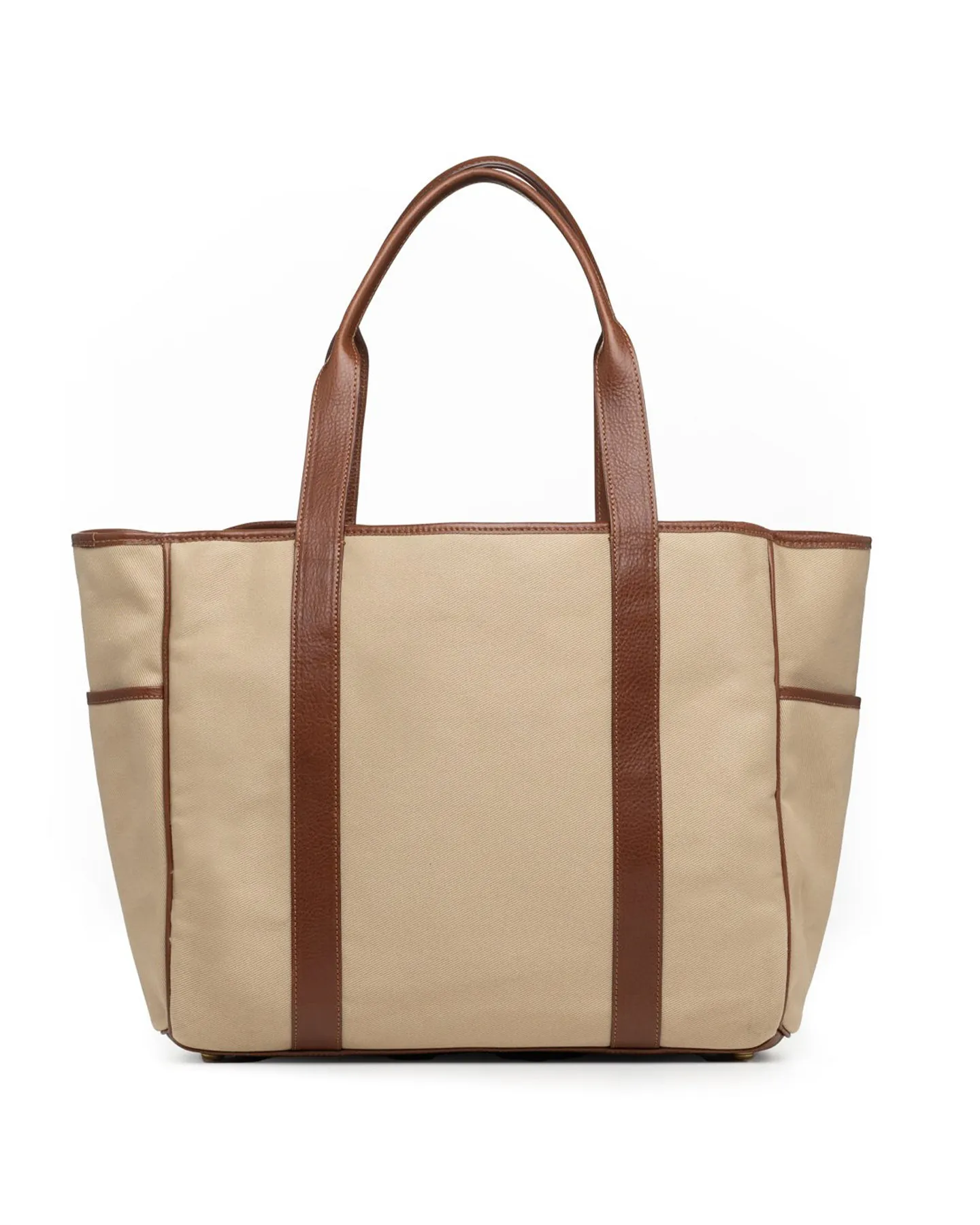 KHAKI TWILL VINTAGE CHESTNUT LEATHER MARKET TOTE