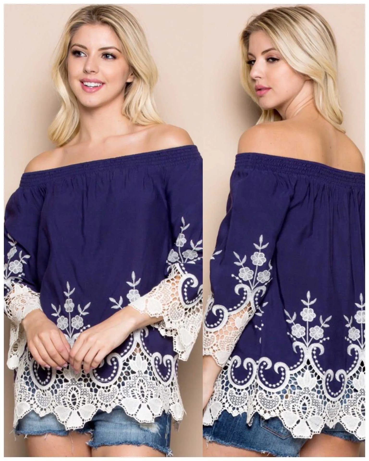 Miranda  Blue Off The Shoulder Lace Top