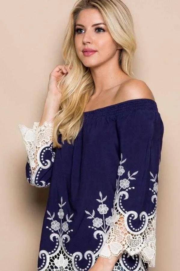 Miranda  Blue Off The Shoulder Lace Top