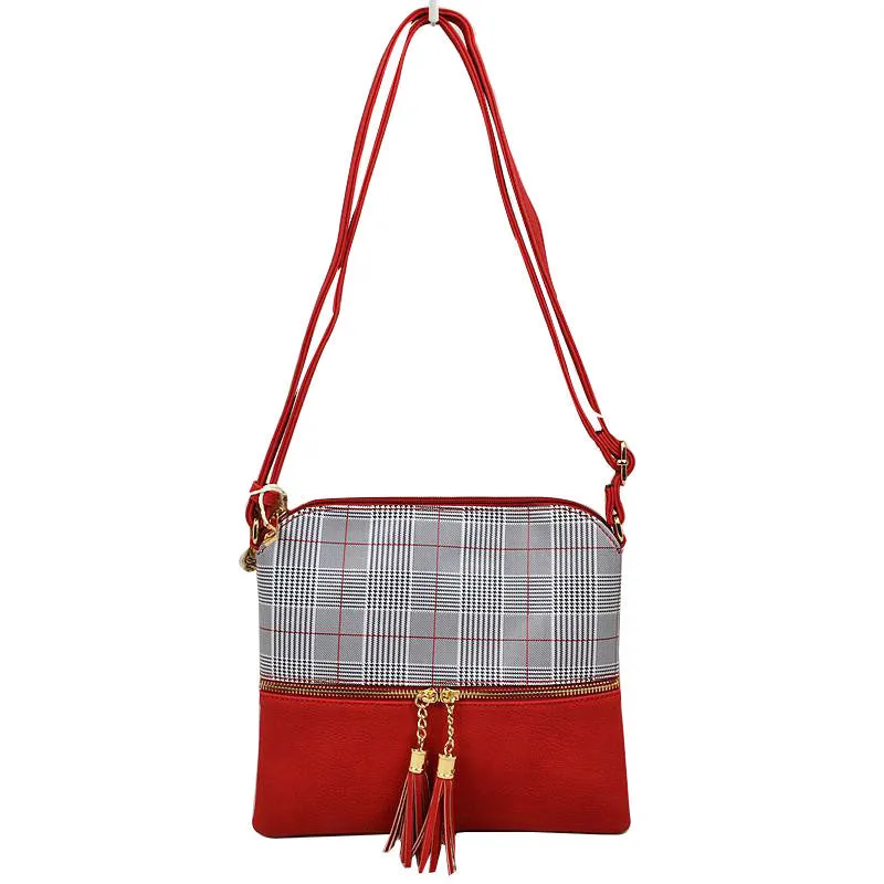 Tartan Check Vegan Leather Crossbody HandBag Adjust Strap