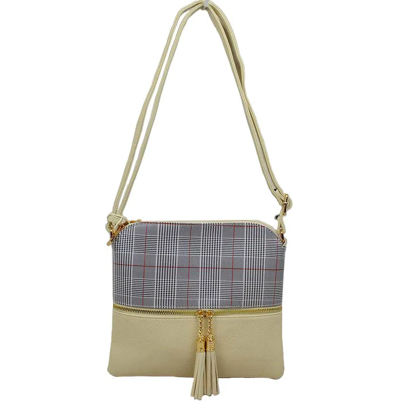 Tartan Check Vegan Leather Crossbody HandBag Adjust Strap