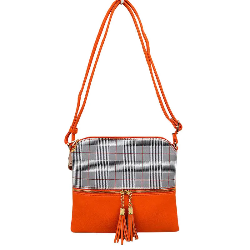 Tartan Check Vegan Leather Crossbody HandBag Adjust Strap