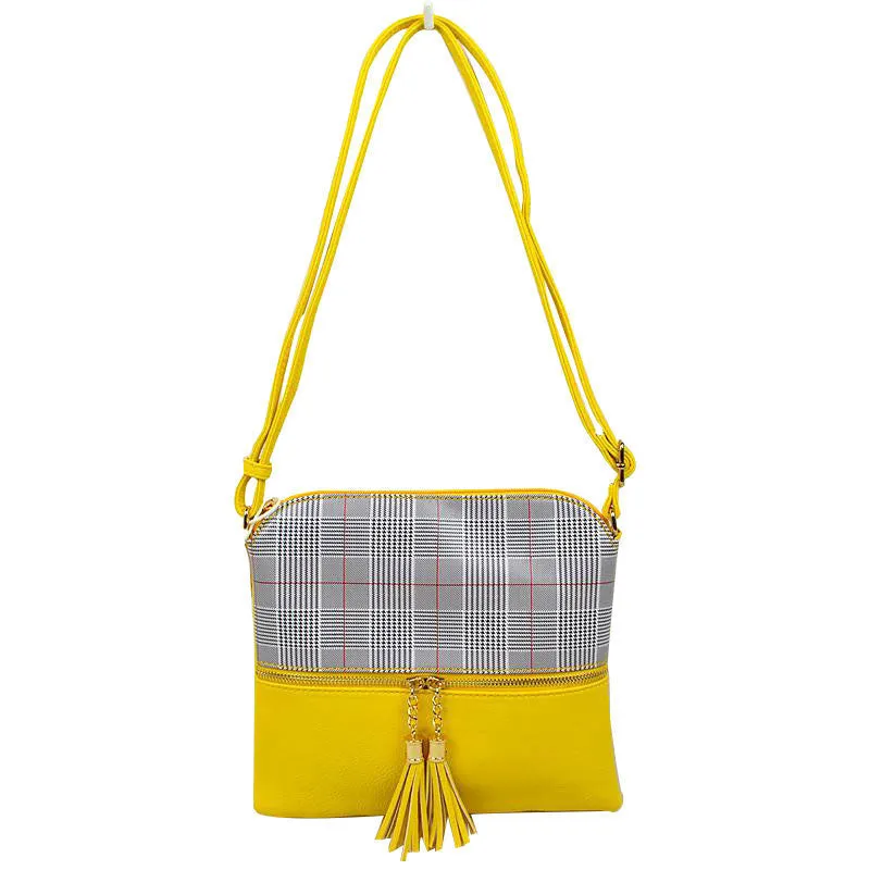 Tartan Check Vegan Leather Crossbody HandBag Adjust Strap